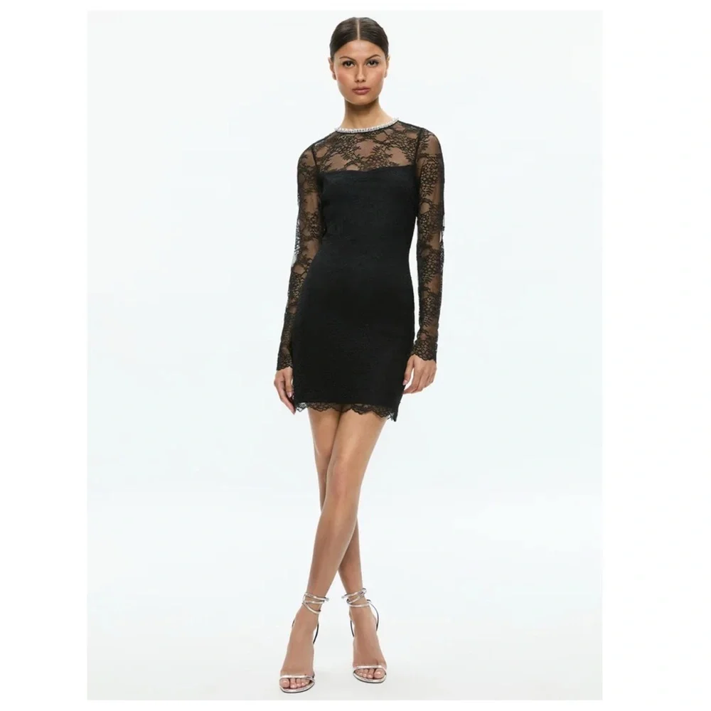 New! ALICE + OLIVIA “Delora” Embellished Neck Black Lace Mini Dress - Picture 2 of 11